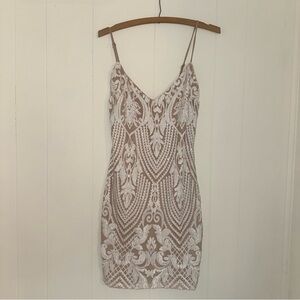 Windsor Beige and White Embellished Sequin Lace Mini Dress